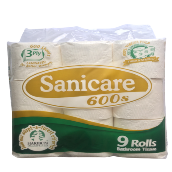 Sanicare Bathroom Tissue 9 Rolls 600 Sheets, 3 Ply