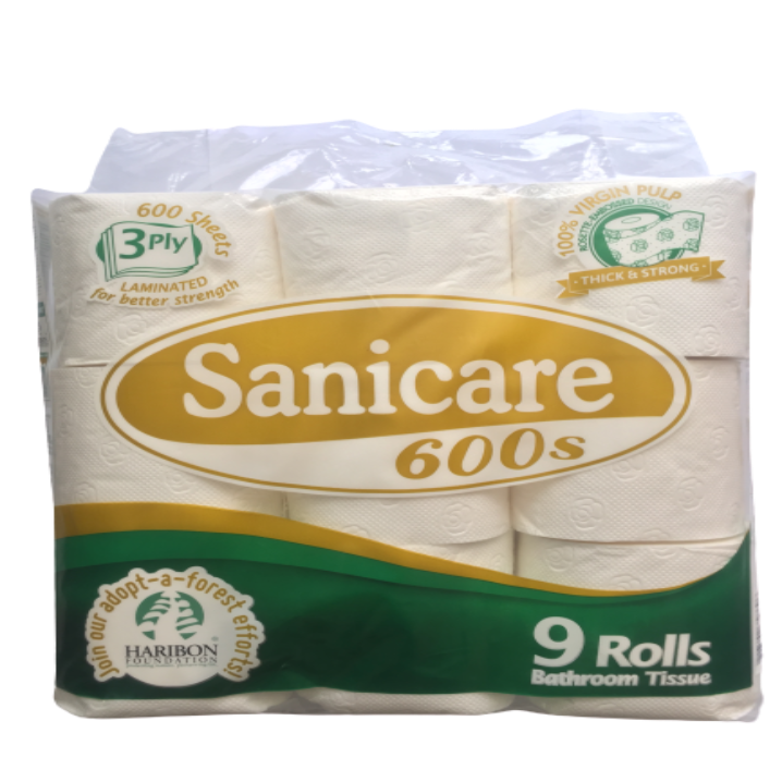 Sanicare Bathroom Tissue 9 Rolls 600 Sheets, 3 Ply